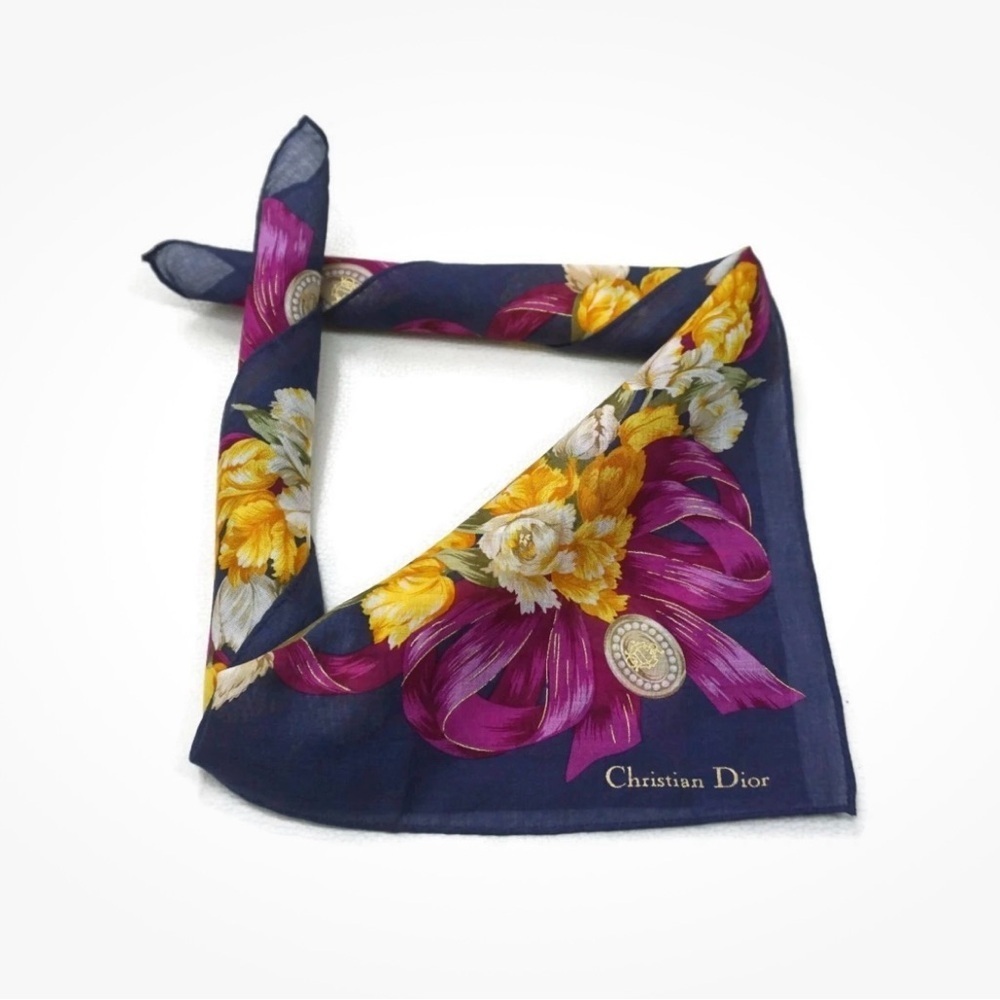 Dior Navy Silk Scarf Yellow Tulip Magenta Ribbon